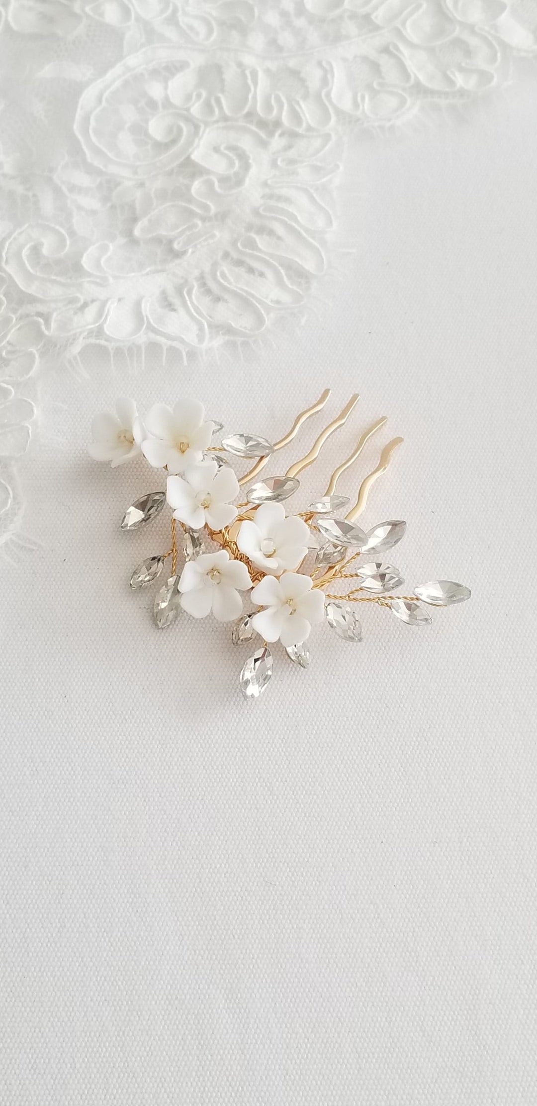 Gold Wedding Hair Comb Porcelain Flowers, Small Silver Floral Wedding Hair Comb, Clay Flower Bridal Hair Comb - PowderBlueBijoux