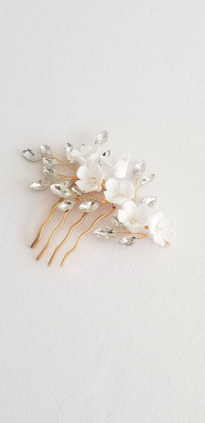 Gold Wedding Hair Comb Porcelain Flowers, Small Silver Floral Wedding Hair Comb, Clay Flower Bridal Hair Comb - PowderBlueBijoux