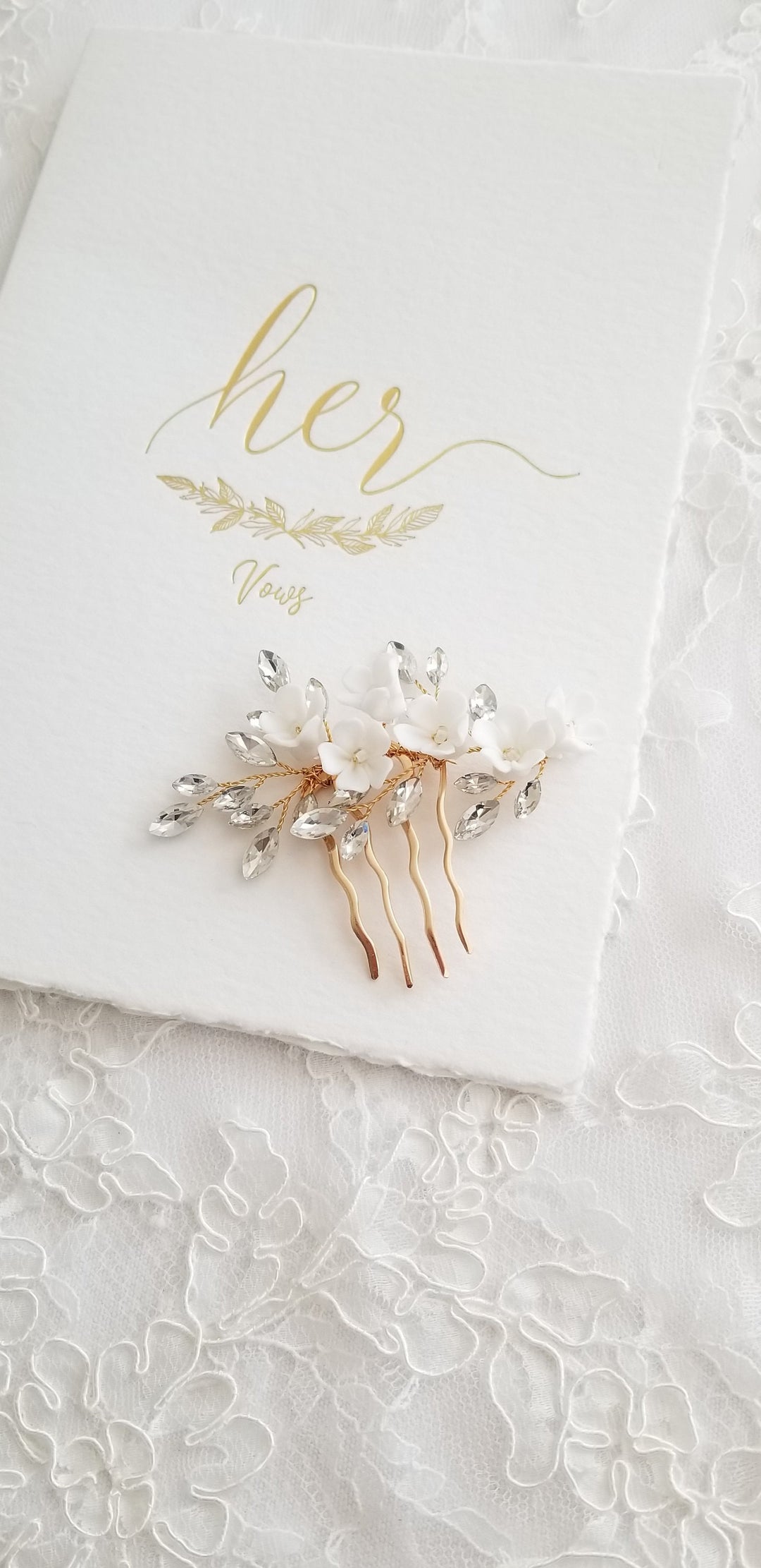 Gold Wedding Hair Comb Porcelain Flowers, Small Silver Floral Wedding Hair Comb, Clay Flower Bridal Hair Comb - PowderBlueBijoux