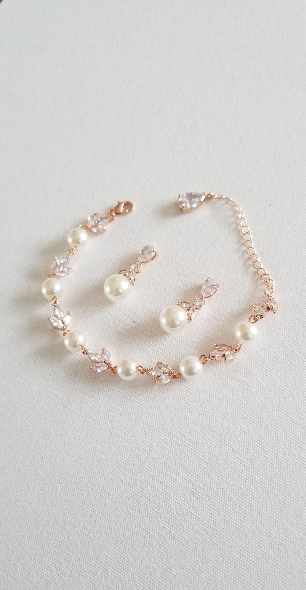 Pearl Bridal Bracelet Earring Set, Wedding Pearl Bracelet, Pearl Drop Bridal Earrings, Bridal Jewelry Set - faux pearls, cubic zirconias, chain, copper based findings, lobster clasp