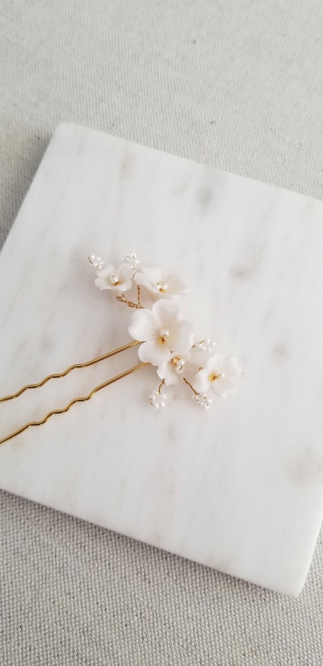 Wedding Hair Pin Set with Polymer Clay Flowers, Floral Bridal Hair Pins, Set of 3 Polymer Clay Flower Hair Pins - metal hair pin, wire, seed beads, polymer clay flowers