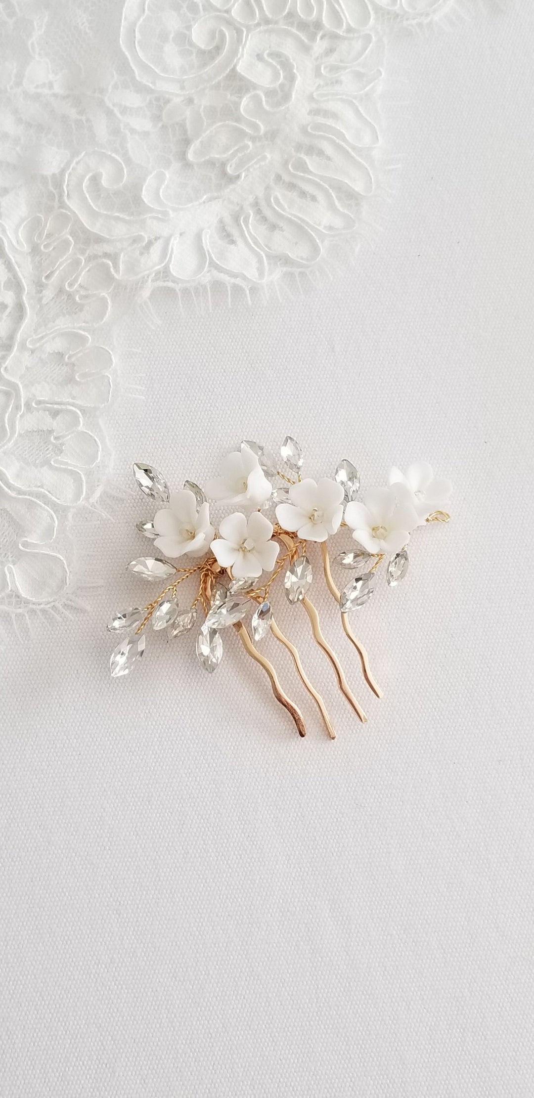 Gold Wedding Hair Comb Porcelain Flowers, Small Silver Floral Wedding Hair Comb, Clay Flower Bridal Hair Comb - seed beads, wire, metal comb, porcelain flowers, rhinestones