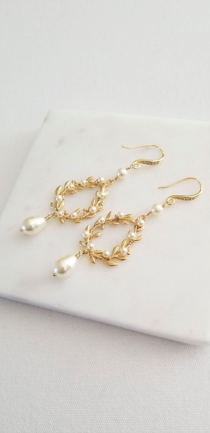 Pearl Bridal Earrings, Gold Long Pearl Drop Earrings for Bride, Rose Gold Hoop Wedding Earrings - plated brass components, cubic zirconia ear wire, head pins, wire, crystal core pearls