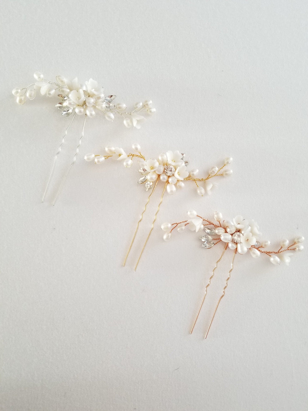 Rose Gold Bridal Hair Pin, Gold Freshwater Pearl Floral Wedding Hair Pin, Silver Clay Flower Wedding Hair Accessory - wire, metal hair pin, rhinestones, clay flowers, sead beads, freshwater pearls