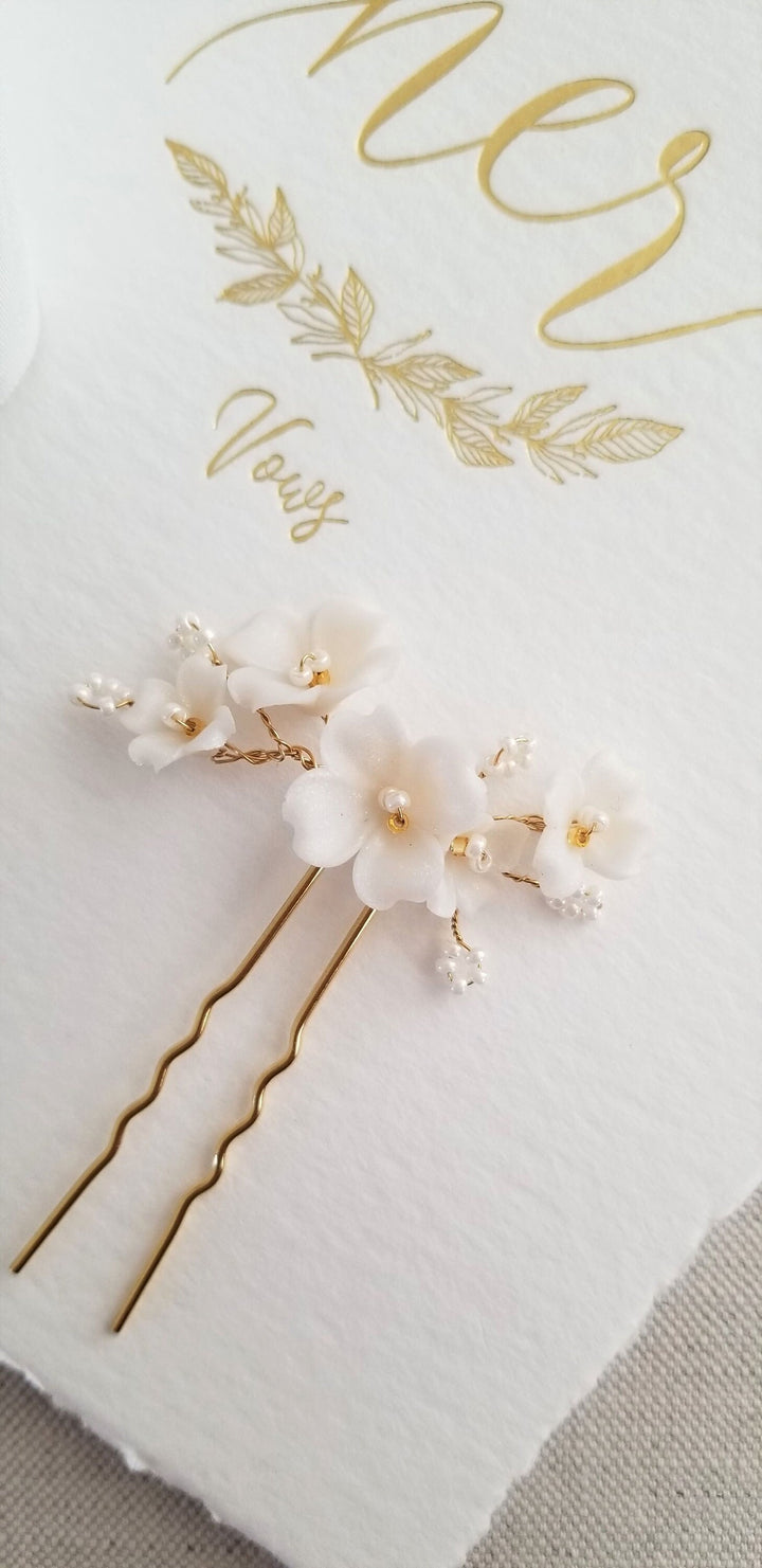 Wedding Hair Pin Set with Polymer Clay Flowers, Floral Bridal Hair Pins, Set of 3 Polymer Clay Flower Hair Pins - metal hair pin, wire, seed beads, polymer clay flowers