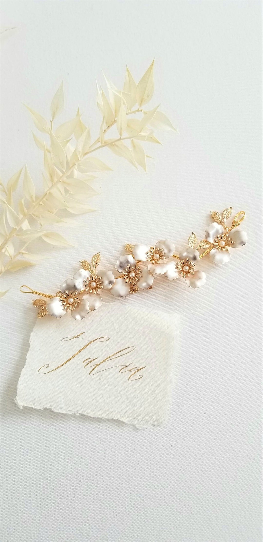 Bridal Hair Vine, Gold Floral Short Hair Vine for Bride, Gold Flower Pearl Headpiece - rhinestones, metal comb, crystals, metal leaves, metal flower, faux pearls, wire