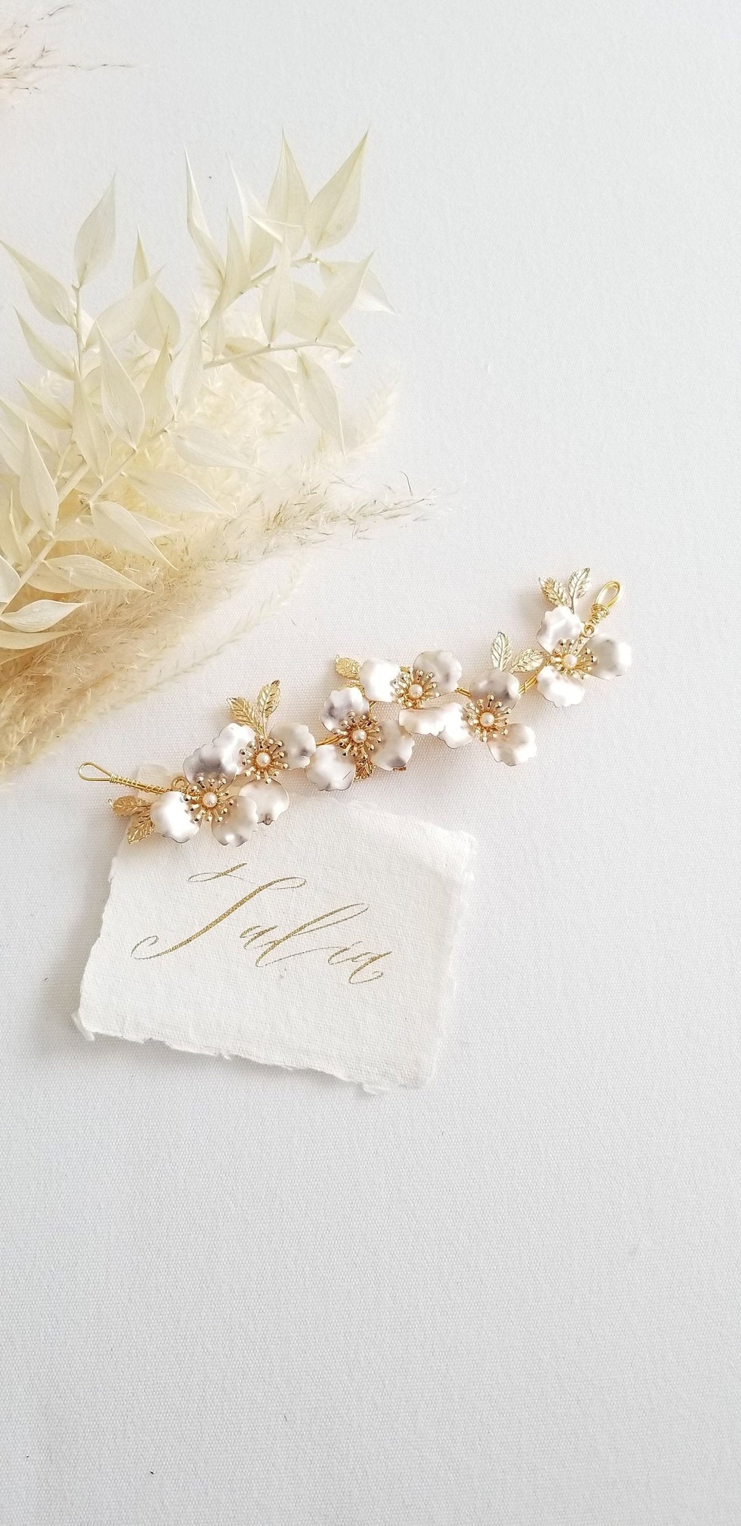 Bridal Hair Vine, Gold Floral Short Hair Vine for Bride, Gold Flower Pearl Headpiece - rhinestones, metal comb, crystals, metal leaves, metal flower, faux pearls, wire