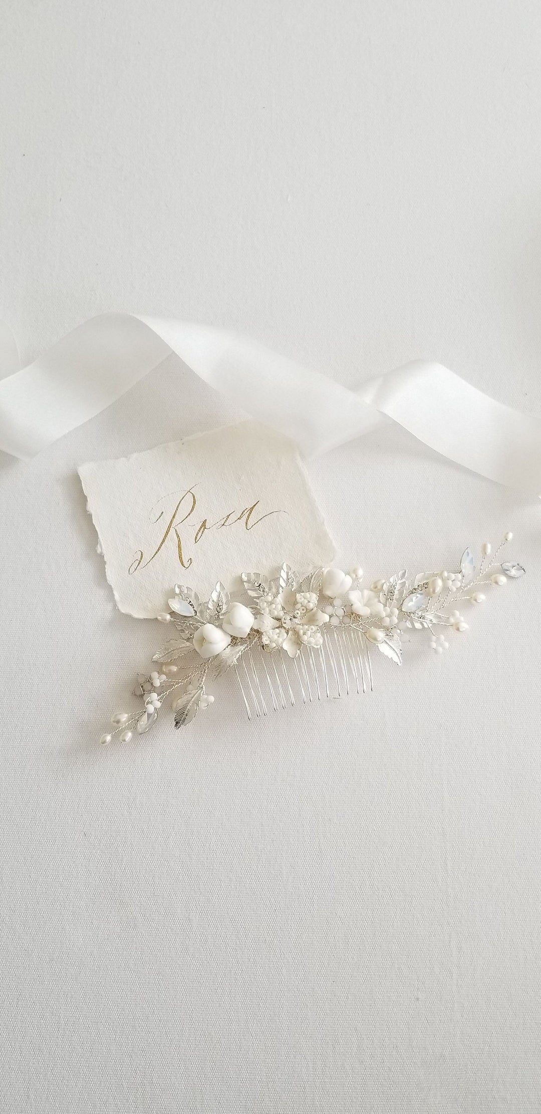 Bridal Hair Comb White Opal Crystal, Wedding Hair Comb Floral Silver Crystal, Wedding Hair Accessory - metal comb, crystals, silver wire, ceramic flowers, freshwater pearls, metal leaves and flowers