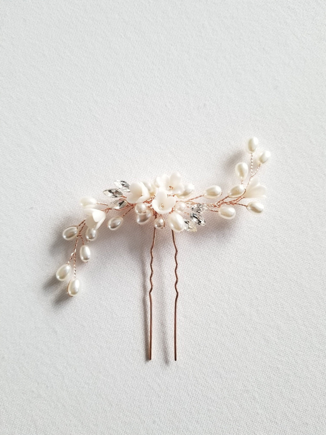 Rose Gold Bridal Hair Pin, Gold Freshwater Pearl Floral Wedding Hair Pin, Silver Clay Flower Wedding Hair Accessory - wire, metal hair pin, rhinestones, clay flowers, sead beads, freshwater pearls