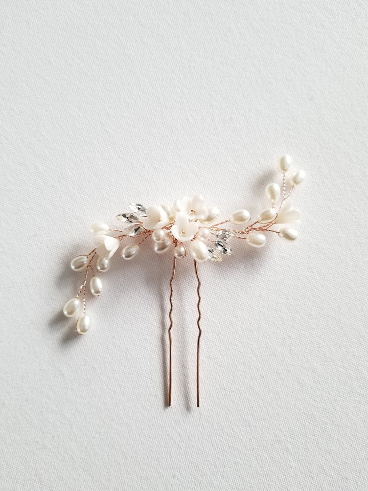 Rose Gold Bridal Hair Pin, Gold Freshwater Pearl Floral Wedding Hair Pin, Silver Clay Flower Wedding Hair Accessory - wire, metal hair pin, rhinestones, clay flowers, sead beads, freshwater pearls