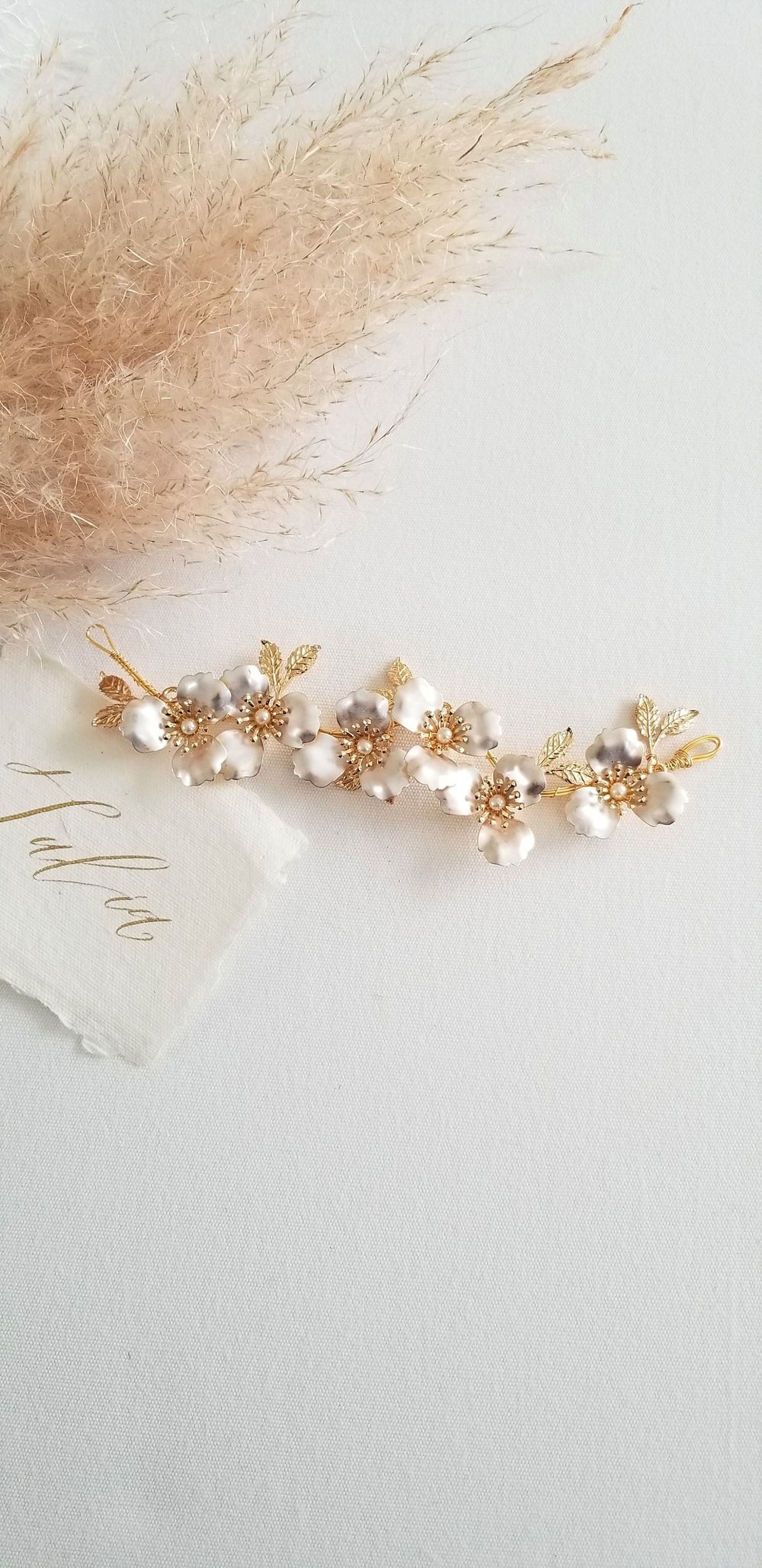 Bridal Hair Vine, Gold Floral Short Hair Vine for Bride, Gold Flower Pearl Headpiece - rhinestones, metal comb, crystals, metal leaves, metal flower, faux pearls, wire