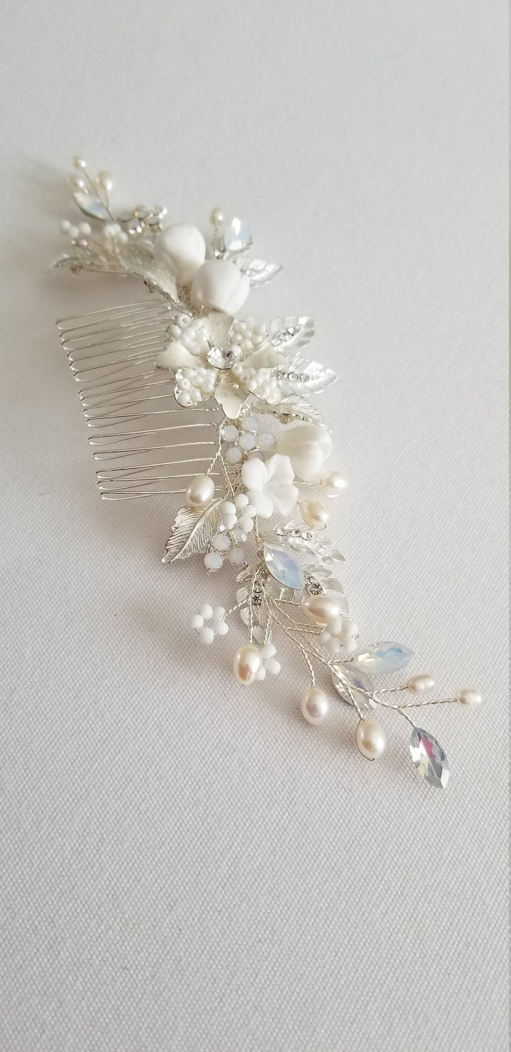 Bridal Hair Comb White Opal Crystal, Wedding Hair Comb Floral Silver Crystal, Wedding Hair Accessory - metal comb, crystals, silver wire, ceramic flowers, freshwater pearls, metal leaves and flowers