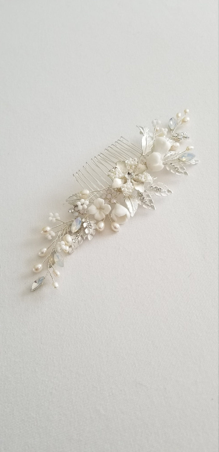 Bridal Hair Comb White Opal Crystal, Wedding Hair Comb Floral Silver Crystal, Wedding Hair Accessory - metal comb, crystals, silver wire, ceramic flowers, freshwater pearls, metal leaves and flowers