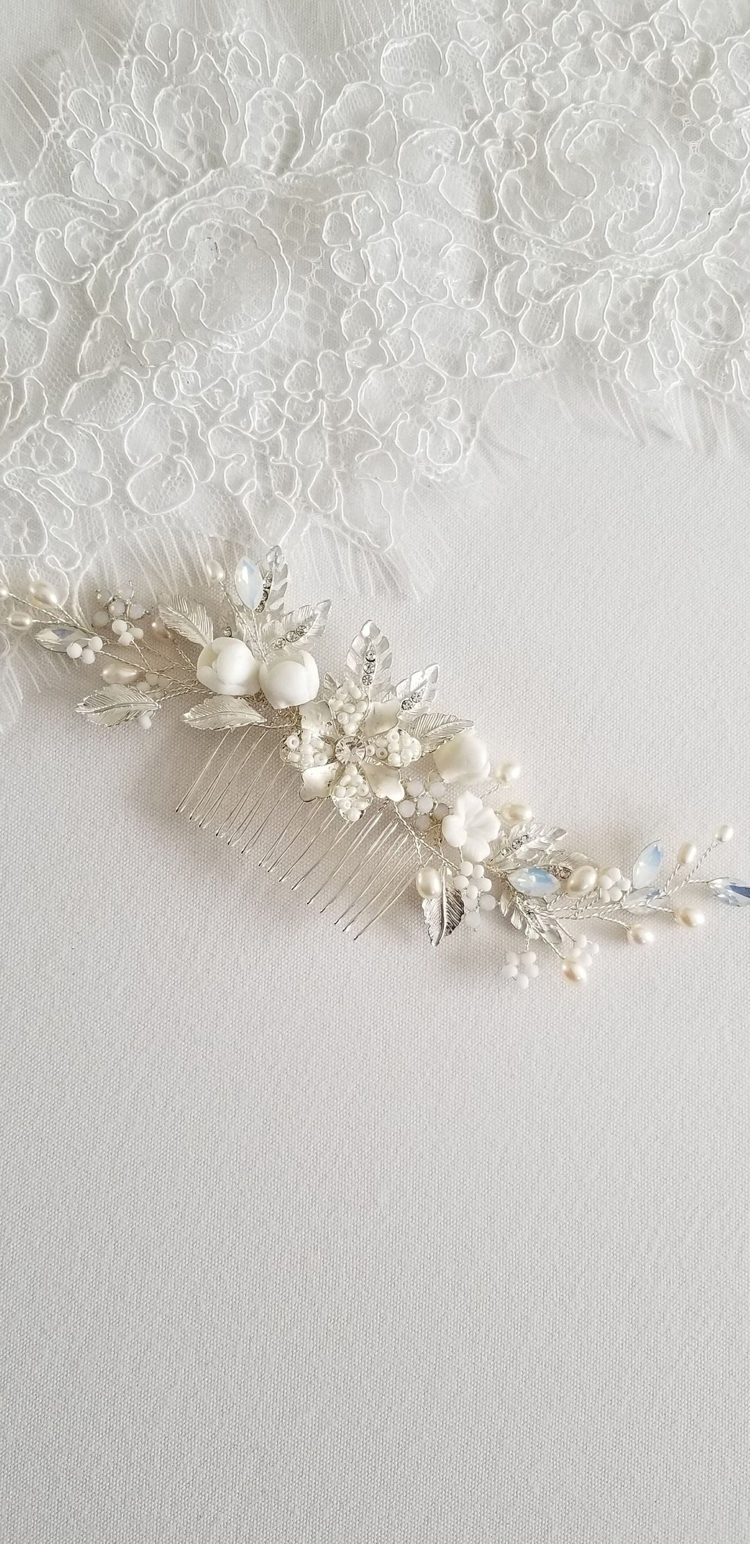 Bridal Hair Comb White Opal Crystal, Wedding Hair Comb Floral Silver Crystal, Wedding Hair Accessory - metal comb, crystals, silver wire, ceramic flowers, freshwater pearls, metal leaves and flowers