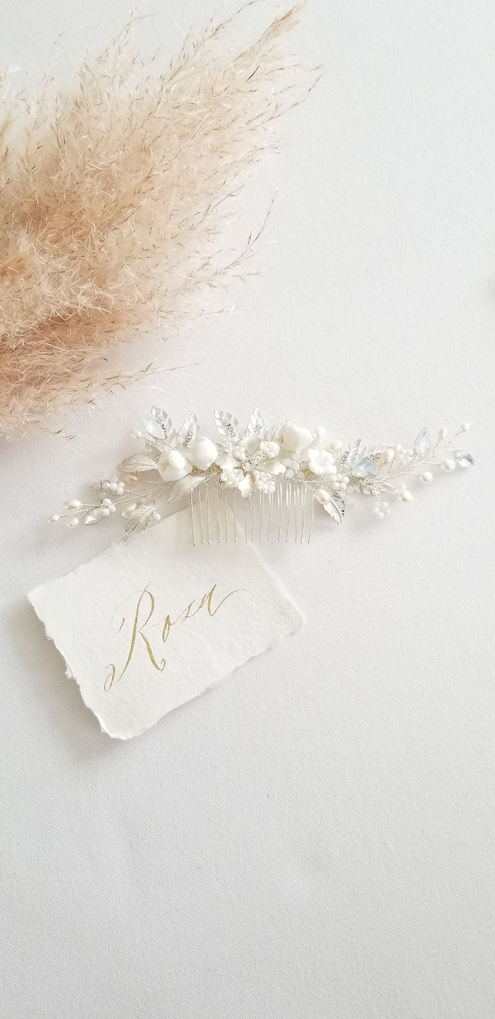 Bridal Hair Comb White Opal Crystal, Wedding Hair Comb Floral Silver Crystal, Wedding Hair Accessory - metal comb, crystals, silver wire, ceramic flowers, freshwater pearls, metal leaves and flowers