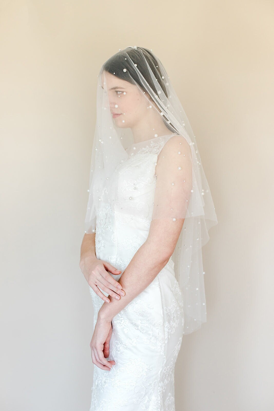 Ivory Wedding Veil with Pearls, Two Tier Bridal Veil with Scattered Pearls, Fingertip Length Wedding Veil - pearls, gold comb, tulle