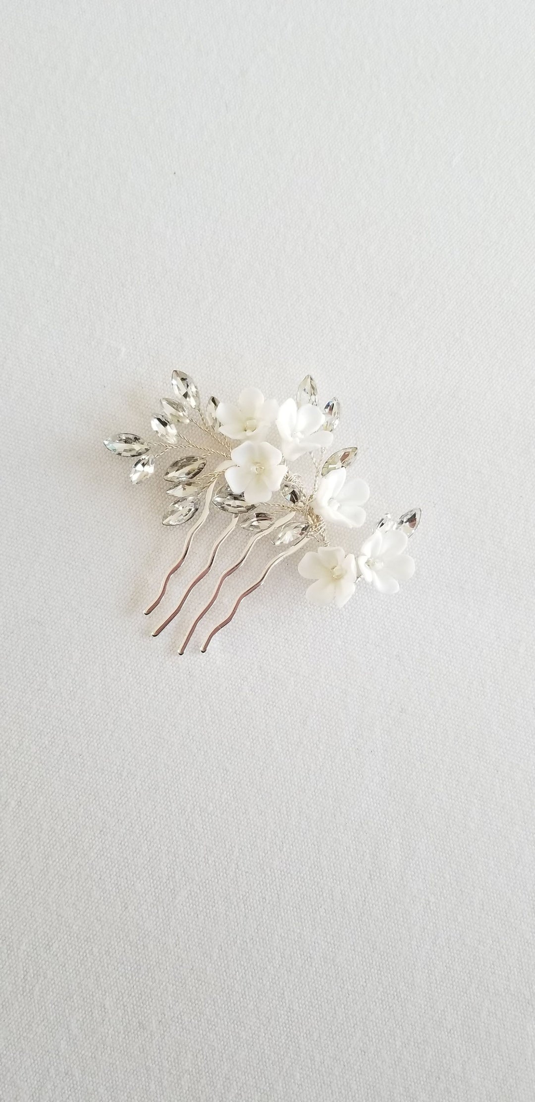 Gold Wedding Hair Comb Porcelain Flowers, Small Silver Floral Wedding Hair Comb, Clay Flower Bridal Hair Comb - PowderBlueBijoux