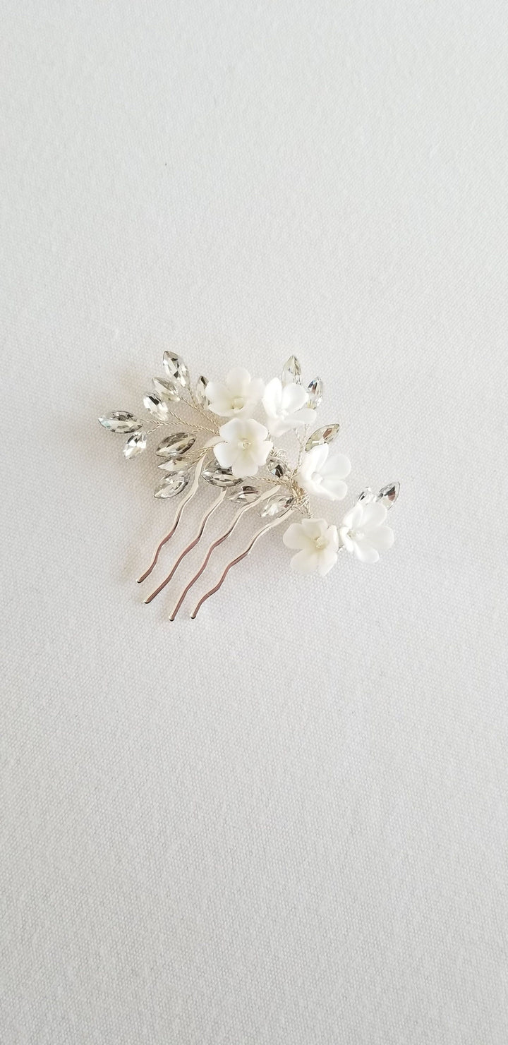 Gold Wedding Hair Comb Porcelain Flowers, Small Silver Floral Wedding Hair Comb, Clay Flower Bridal Hair Comb - seed beads, wire, metal comb, porcelain flowers, rhinestones