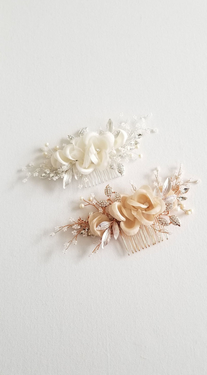 Bridal Hair Comb, Floral Wedding Headpiece, Floral Crystal Hair Comb, Silk Flower Wedding Comb, Bridal Floral Hairpiece - crystals, rhinestones, wire, metal comb, silk flowers, seed beads, freshwater pearls