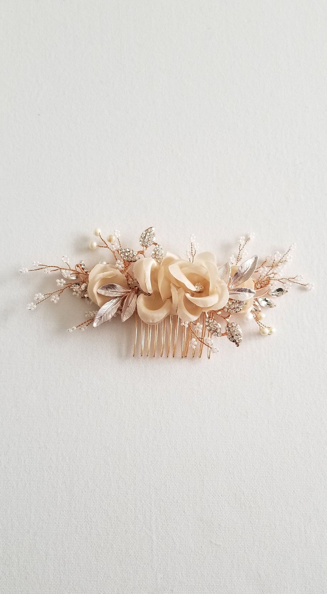 Bridal Hair Comb, Floral Wedding Headpiece, Floral Crystal Hair Comb, Silk Flower Wedding Comb, Bridal Floral Hairpiece - crystals, rhinestones, wire, metal comb, silk flowers, seed beads, freshwater pearls