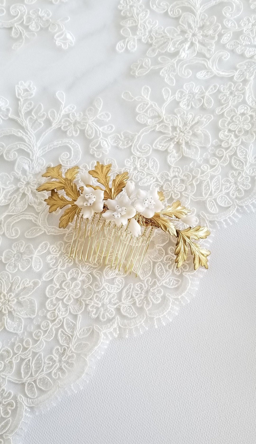 Gold Bridal Comb, Gold Clay Flower Bridal Comb, Wedding Headpiece, Vintage Style Wedding Comb For Bride - brass leaves, wire, polymer flowers, seed beads