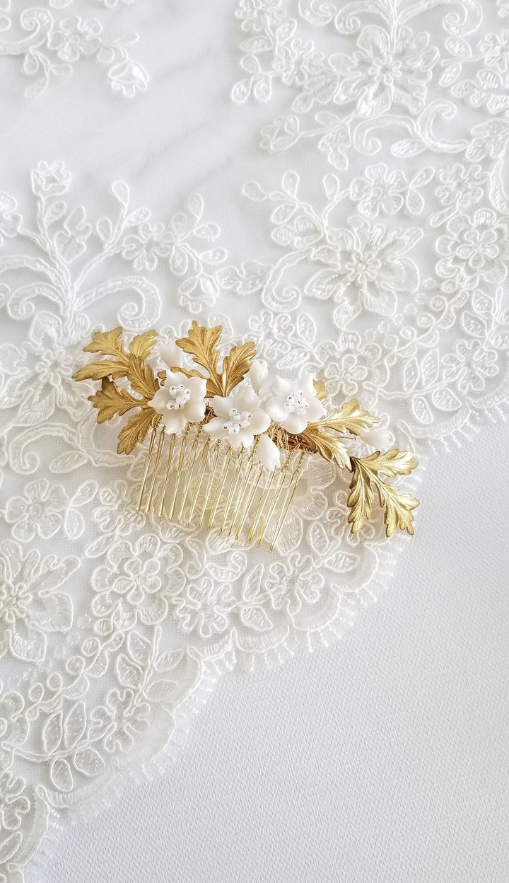 Gold Bridal Comb, Gold Clay Flower Bridal Comb, Wedding Headpiece, Vintage Style Wedding Comb For Bride - brass leaves, wire, polymer flowers, seed beads