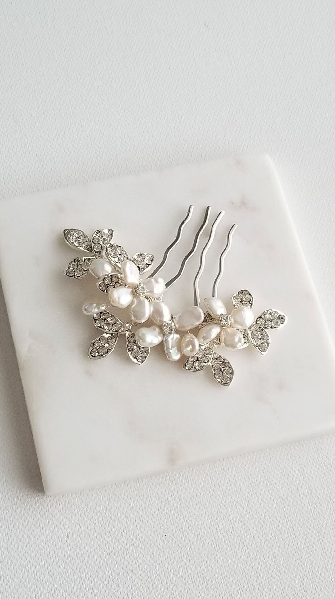 Pearl Bridal Comb, Freshwater Pearl Wedding Hair Comb Earring Set, Silver Crystal Comb For Bride - freshwater pearls, metal comb, crystals, metal leaves, wire, cz earring hoops