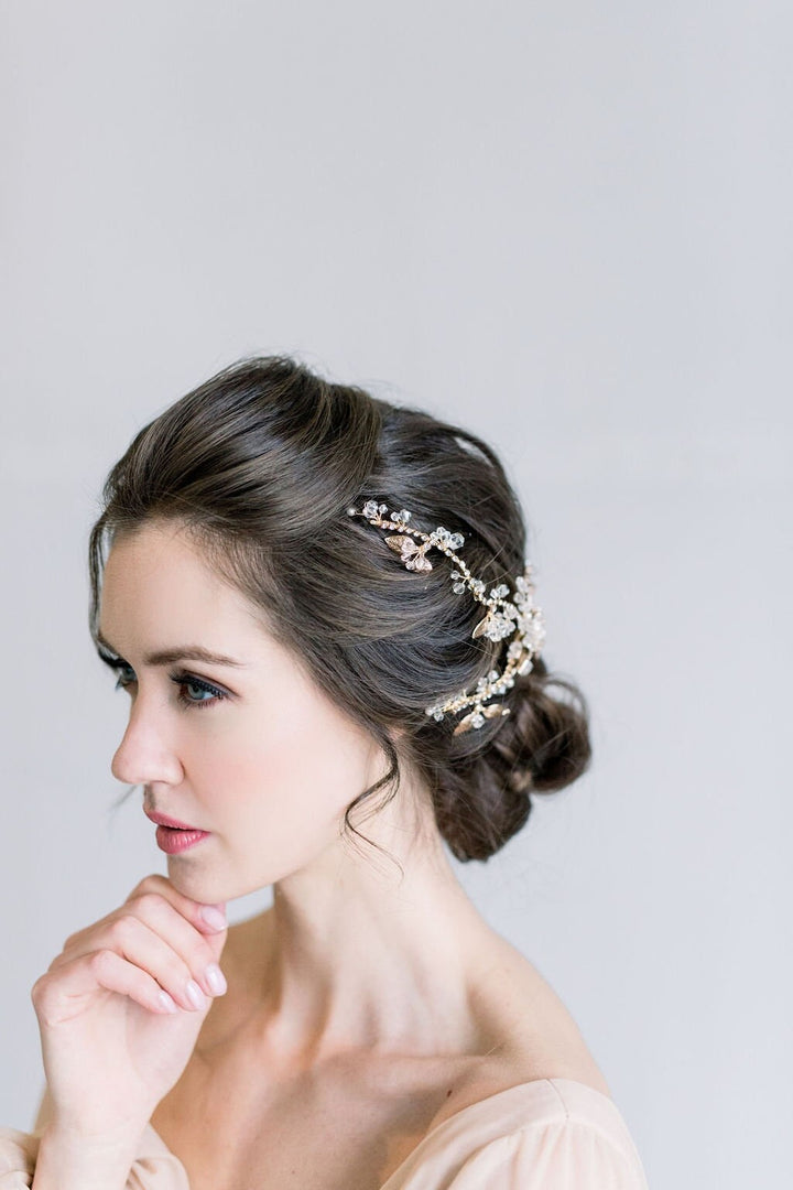 Gold Floral Wedding Hair Vine, Gold Wedding Headpiece, Gold Leaf Twig Bridal Hair Comb - metal leaves, wire, faux pearls, freshwater pearls, metal flowers