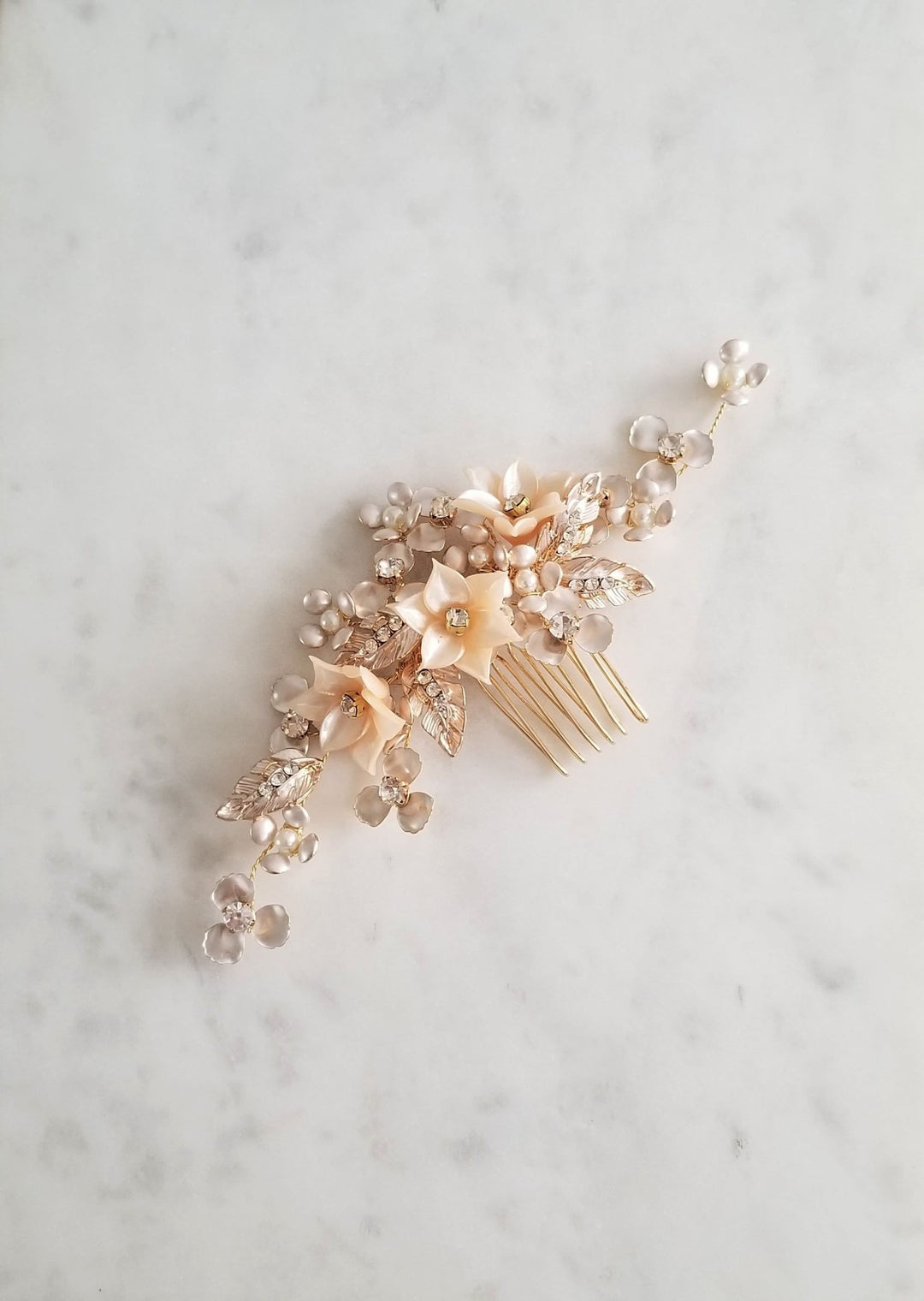 Bridal Hair Comb, Gold Floral Wedding Headpiece, Floral Crystal Hair Comb, Polymer Clay Flower Wedding Comb, Bridal Floral Hairpiece - rhinestones, wire, polymer flowers, imitation pearls, metal flowers, metal leaves, metal comb