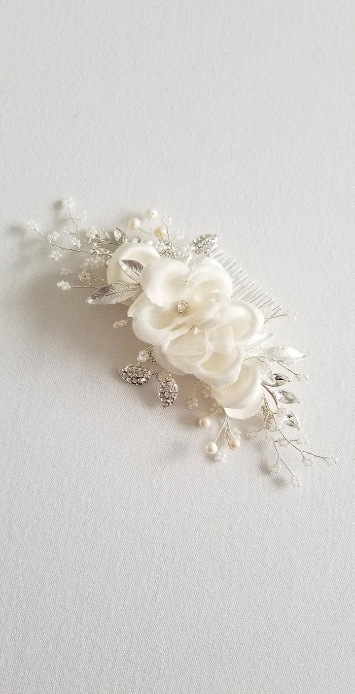 Bridal Hair Comb, Floral Wedding Headpiece, Floral Crystal Hair Comb, Silk Flower Wedding Comb, Bridal Floral Hairpiece - crystals, rhinestones, wire, metal comb, silk flowers, seed beads, freshwater pearls