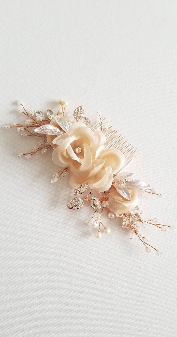 Bridal Hair Comb, Floral Wedding Headpiece, Floral Crystal Hair Comb, Silk Flower Wedding Comb, Bridal Floral Hairpiece - crystals, rhinestones, wire, metal comb, silk flowers, seed beads, freshwater pearls