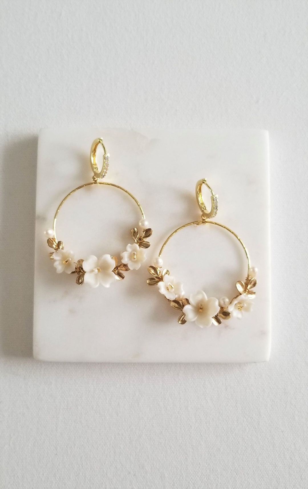 Pearl Wedding Earrings With Floral Design, Clay Flower Hoop Boho Bridal Earrings, Gold Floral Statement Earrings For Bride - metal hoops, wire, ear wires, cubic zirconia, seed beads, freshwater pearls, polymer flowers, metal leaves