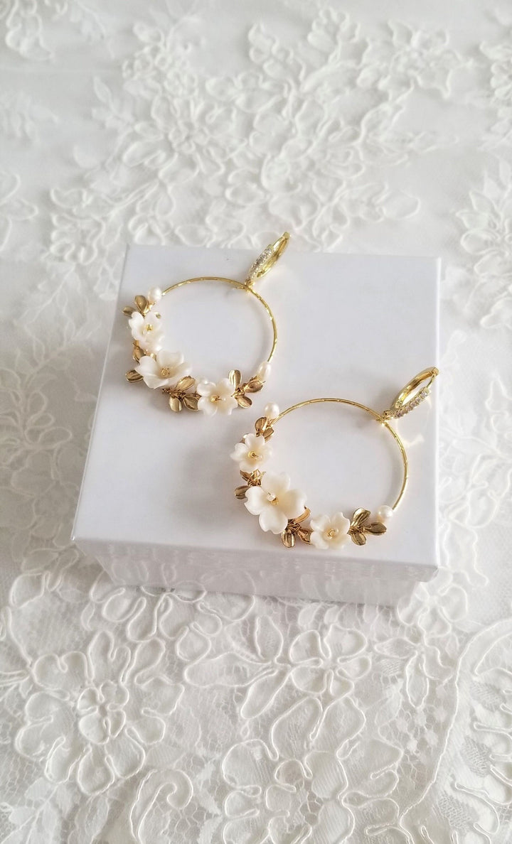 Pearl Wedding Earrings With Floral Design, Clay Flower Hoop Boho Bridal Earrings, Gold Floral Statement Earrings For Bride - metal hoops, wire, ear wires, cubic zirconia, seed beads, freshwater pearls, polymer flowers, metal leaves