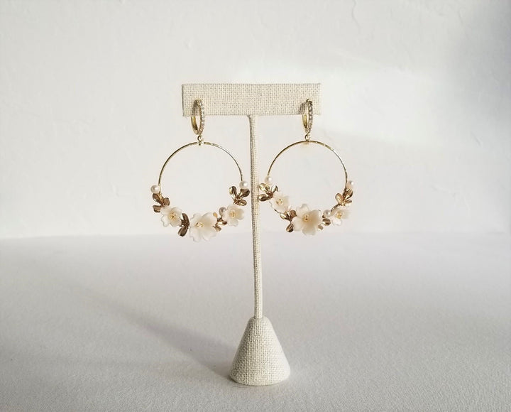 Pearl Wedding Earrings With Floral Design, Clay Flower Hoop Boho Bridal Earrings, Gold Floral Statement Earrings For Bride - metal hoops, wire, ear wires, cubic zirconia, seed beads, freshwater pearls, polymer flowers, metal leaves