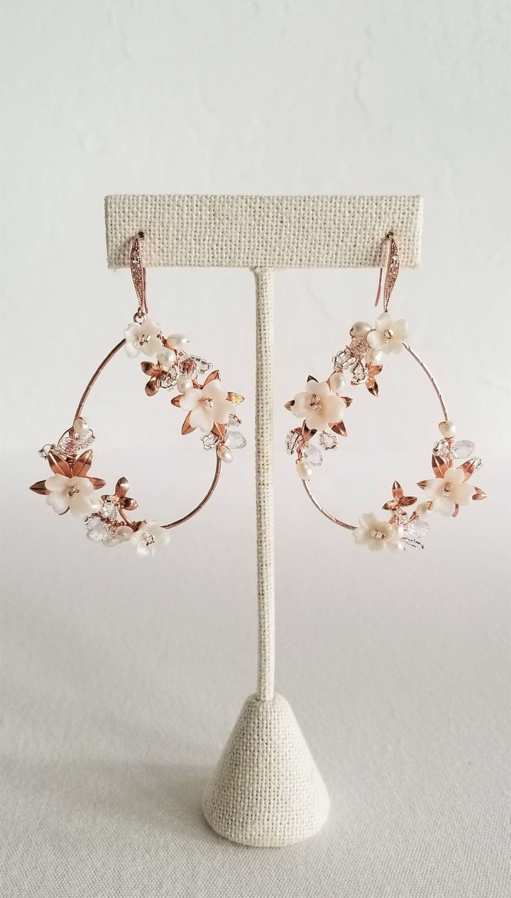 Pearl Wedding Earrings Floral Design, Clay Flower Hoop Boho Bridal Earrings, Gold Floral Statement Earrings For Bride - metal hoops, wire, ear wires, cubic zirconia, seed beads, freshwater pearls, polymer flowers, metal leaves