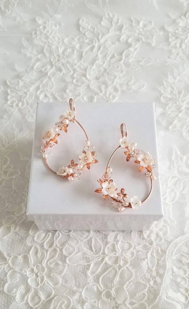 Pearl Wedding Earrings Floral Design, Clay Flower Hoop Boho Bridal Earrings, Gold Floral Statement Earrings For Bride - metal hoops, wire, ear wires, cubic zirconia, seed beads, freshwater pearls, polymer flowers, metal leaves