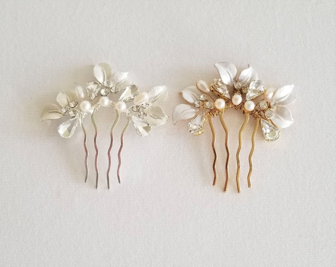 Wedding Hair Comb, Freshwater Pearl Floral Bridal Hair Comb, Gold Leaf Crystal Freshwater Pearl Hair Comb - freshwater pearls, wire, rhinestones, gold comb, metal leaves