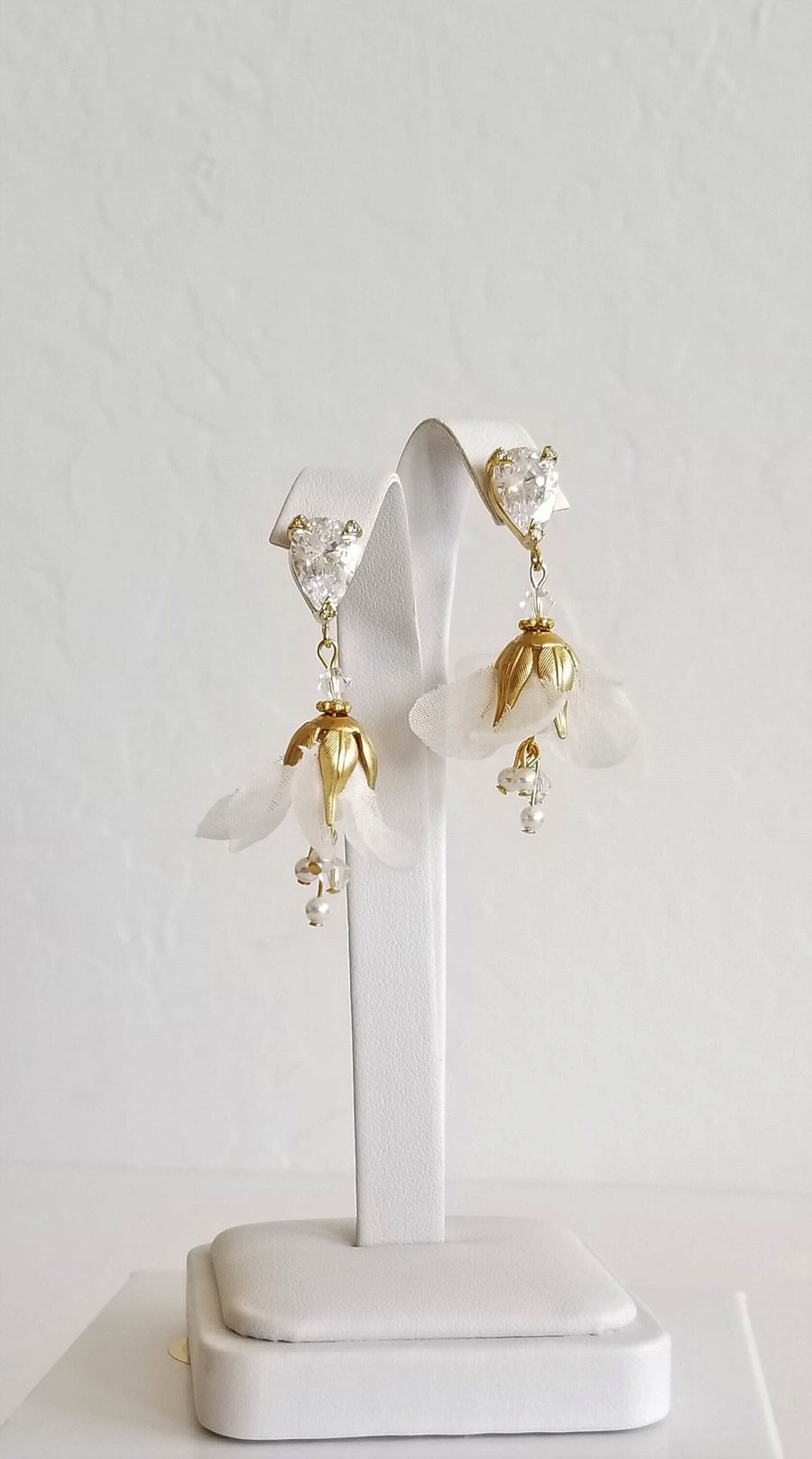 Wedding Earrings With Floral Design, Silk Flower Bridal Earrings, Gold Bohemian Earrings For Bride - wire, metal leaves, cubic zirconias, pure silk flower, Swarovski pearls, Swarovski crystals, head pins