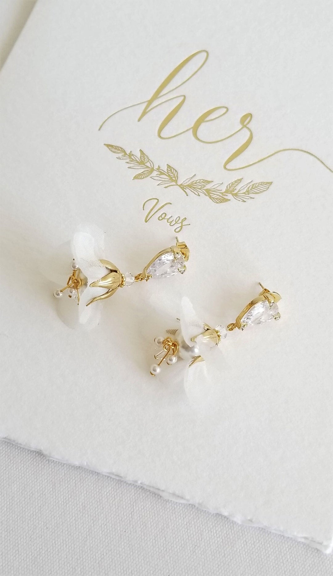 Wedding Earrings With Floral Design, Silk Flower Bridal Earrings, Gold Bohemian Earrings For Bride - wire, metal leaves, cubic zirconias, pure silk flower, Swarovski pearls, Swarovski crystals, head pins