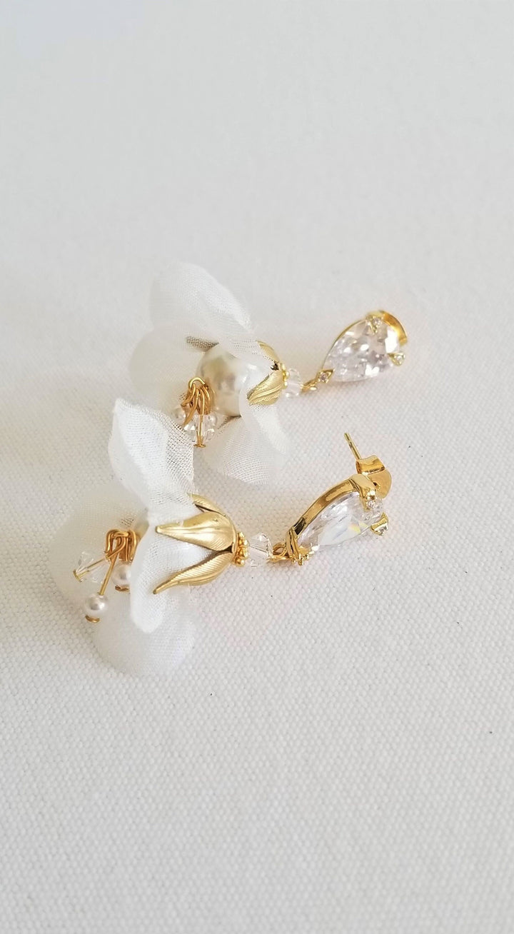 Wedding Earrings With Floral Design, Silk Flower Bridal Earrings, Gold Bohemian Earrings For Bride - wire, metal leaves, cubic zirconias, pure silk flower, Swarovski pearls, Swarovski crystals, head pins