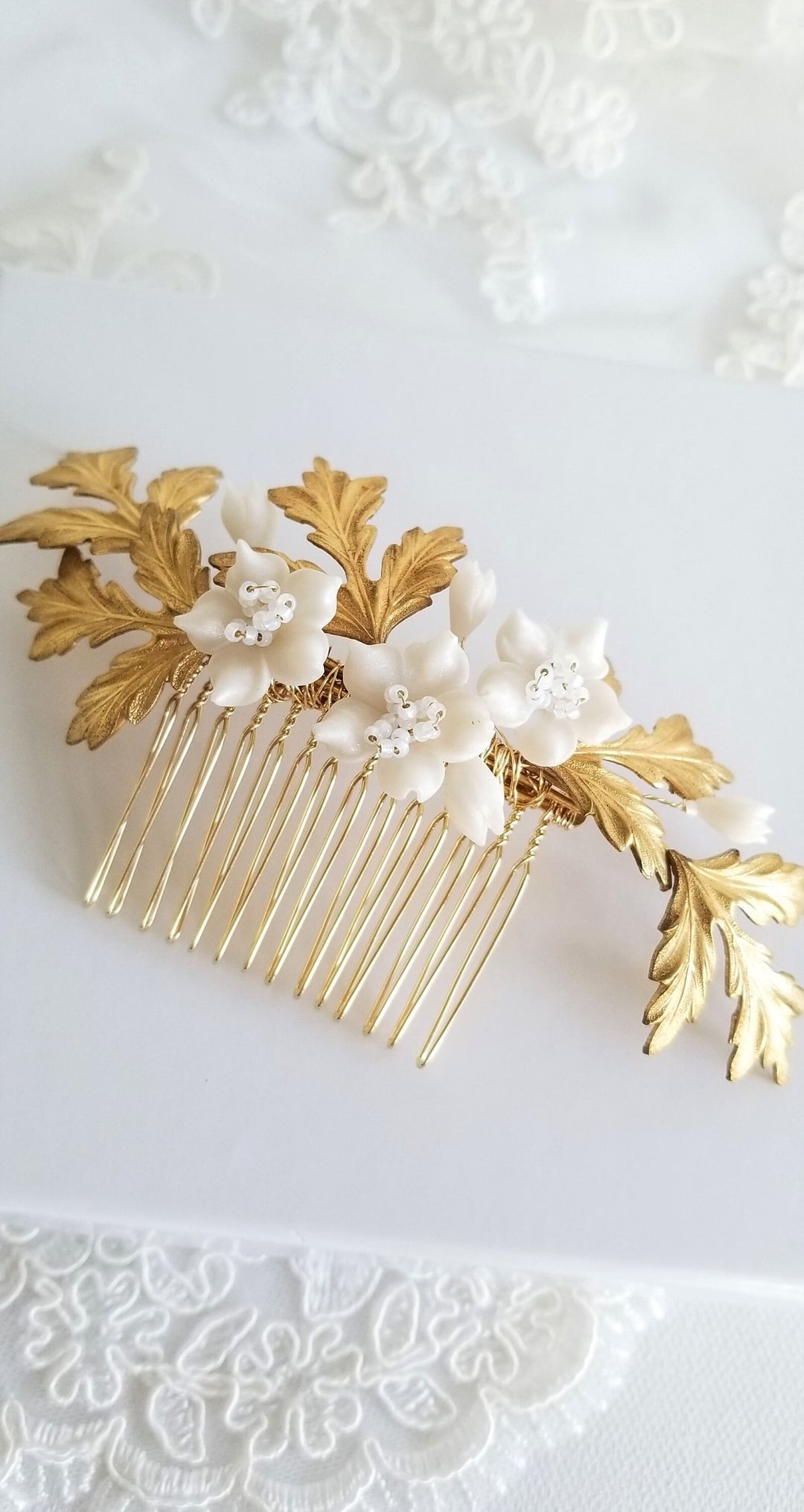 Gold Bridal Comb, Gold Clay Flower Bridal Comb, Wedding Headpiece, Vintage Style Wedding Comb For Bride - brass leaves, wire, polymer flowers, seed beads