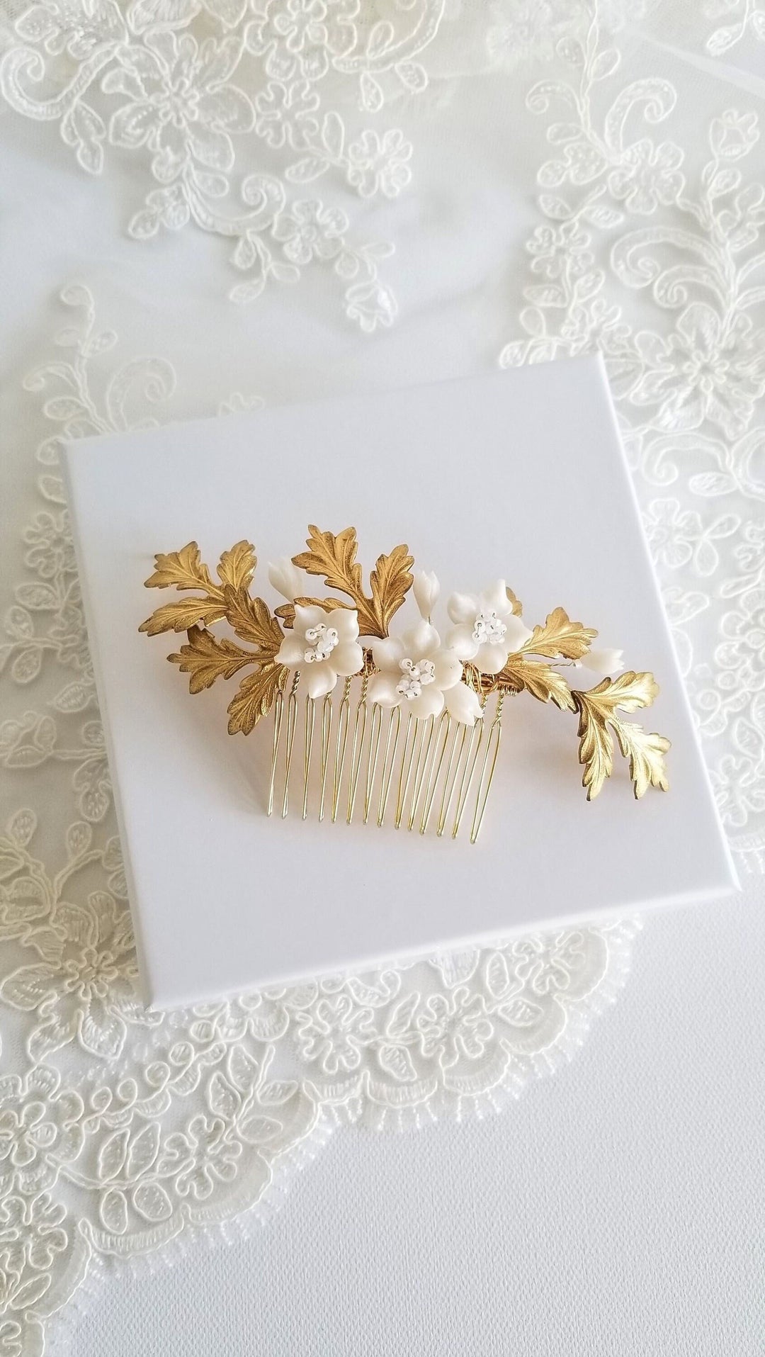 Gold Bridal Comb, Gold Clay Flower Bridal Comb, Wedding Headpiece, Vintage Style Wedding Comb For Bride - brass leaves, wire, polymer flowers, seed beads