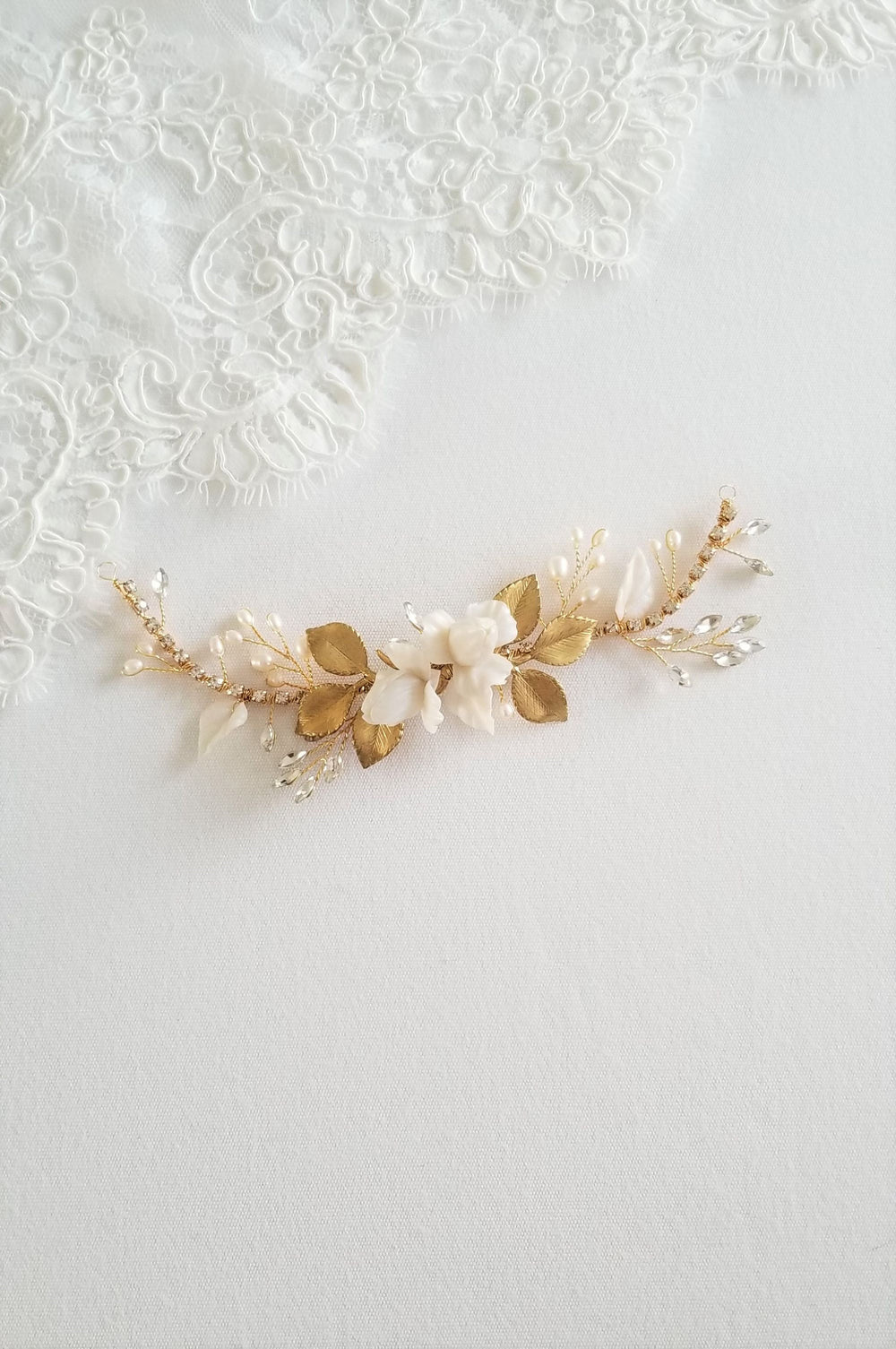 Wedding Hair Vine, Clay Flowers with Freshwater Pearls Headpiece, Crystal Pearl Hair Vine, Polymer Flower Headpiece for Bride - polymer flowers, rhinestones, freshwater pearls, wire, brass leaves