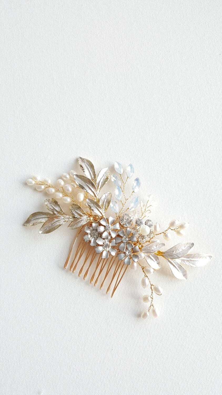 Gold Pearl Wedding Hair Comb, Silver Freshwater Pearl Headpiece, White Opal Crystal Hair Comb, Gold Leaf Bridal Hair Accessory - wire, metal comb, metal leaves, freshwater pearls, crystals, rhinestones