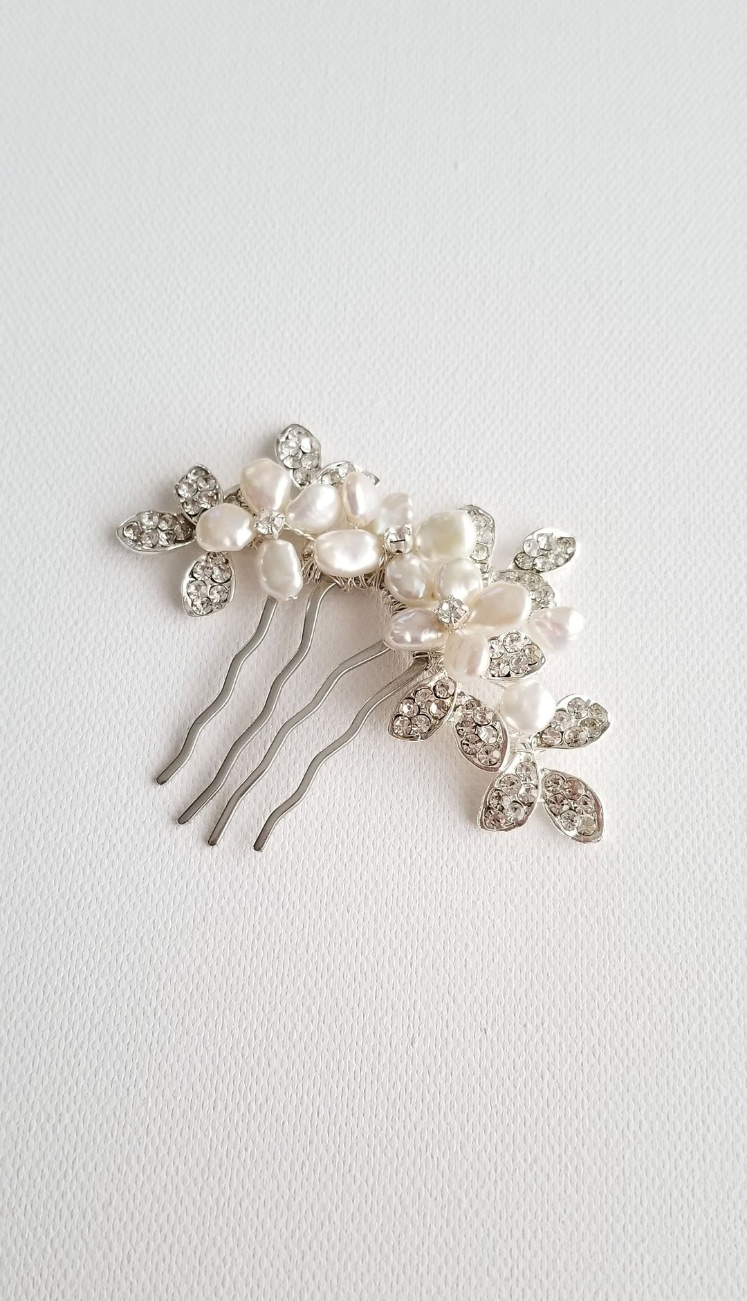 Pearl Bridal Comb, Freshwater Pearl Wedding Hair Comb Earring Set, Silver Crystal Comb For Bride - freshwater pearls, metal comb, crystals, metal leaves, wire, cz earring hoops