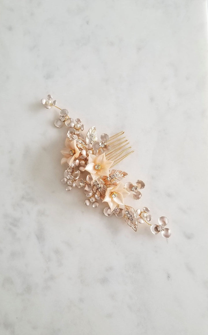 Bridal Hair Comb, Gold Floral Wedding Headpiece, Floral Crystal Hair Comb, Polymer Clay Flower Wedding Comb, Bridal Floral Hairpiece - rhinestones, wire, polymer flowers, imitation pearls, metal flowers, metal leaves, metal comb