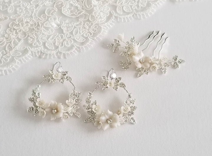 Wedding Earrings and Comb Set Floral Design, Clay Flower Hoop Bridal Earrings and Comb, Boho Floral Statement Earrings For Bride - metal hoops, wire, ear wires, cubic zirconia, seed beads, polymer clay flowers, rhinestones, metal leaves