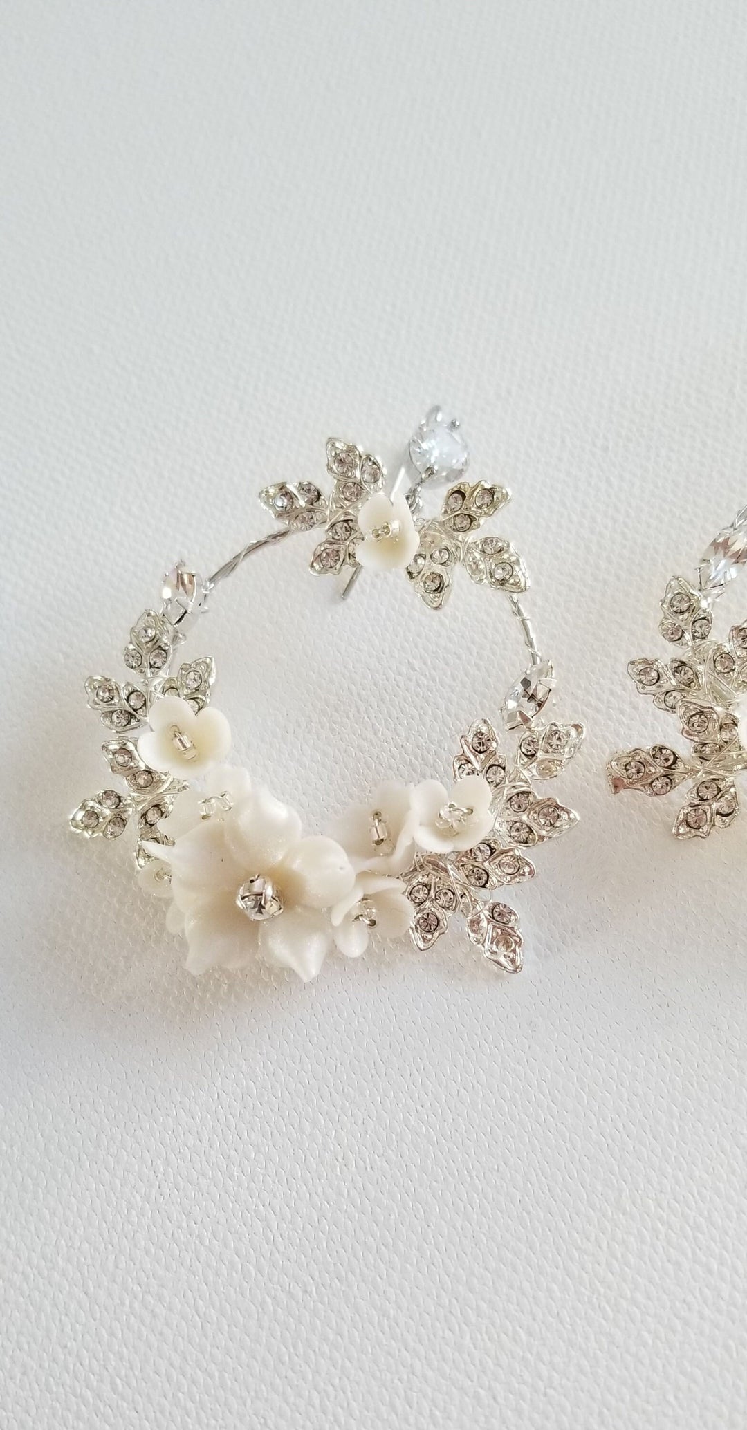 Wedding Earrings Hoop Floral Design, Clay Flower Large Hoop Bridal Earrings, Boho Floral Statement Earrings For Bride - metal hoops, wire, ear wires, cubic zirconia, seed beads, polymer clay flowers, rhinestones, metal leaves