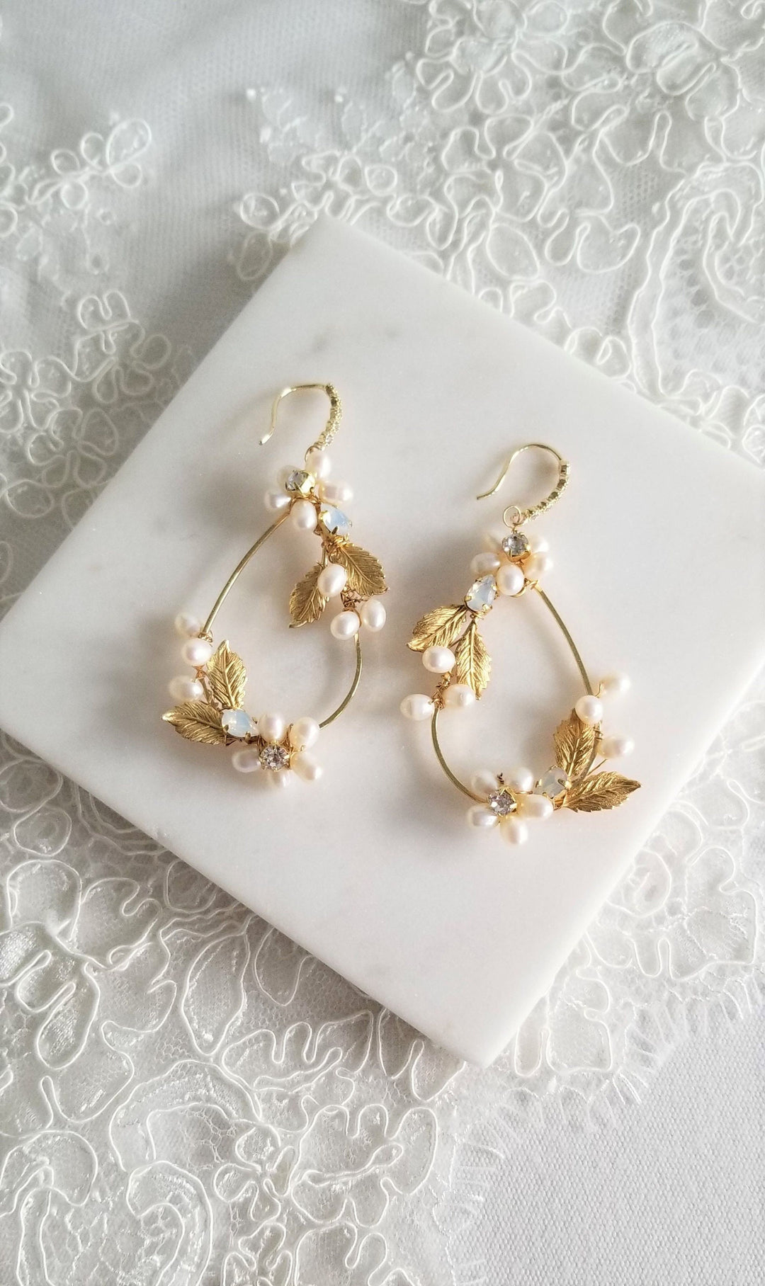 Pearl Wedding Earrings Bohemian Style, Freshwater Pearl Bridal Earrings, Pearl Hoop Earrings For Bride - freshwater pearls, brass leaves, rhinestones, ear hooks, wire, metal hoops