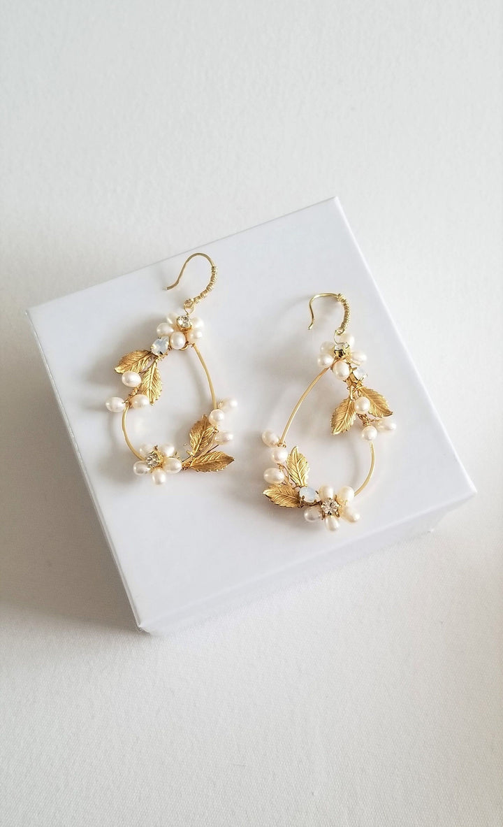 Pearl Wedding Earrings Bohemian Style, Freshwater Pearl Bridal Earrings, Pearl Hoop Earrings For Bride - freshwater pearls, brass leaves, rhinestones, ear hooks, wire, metal hoops